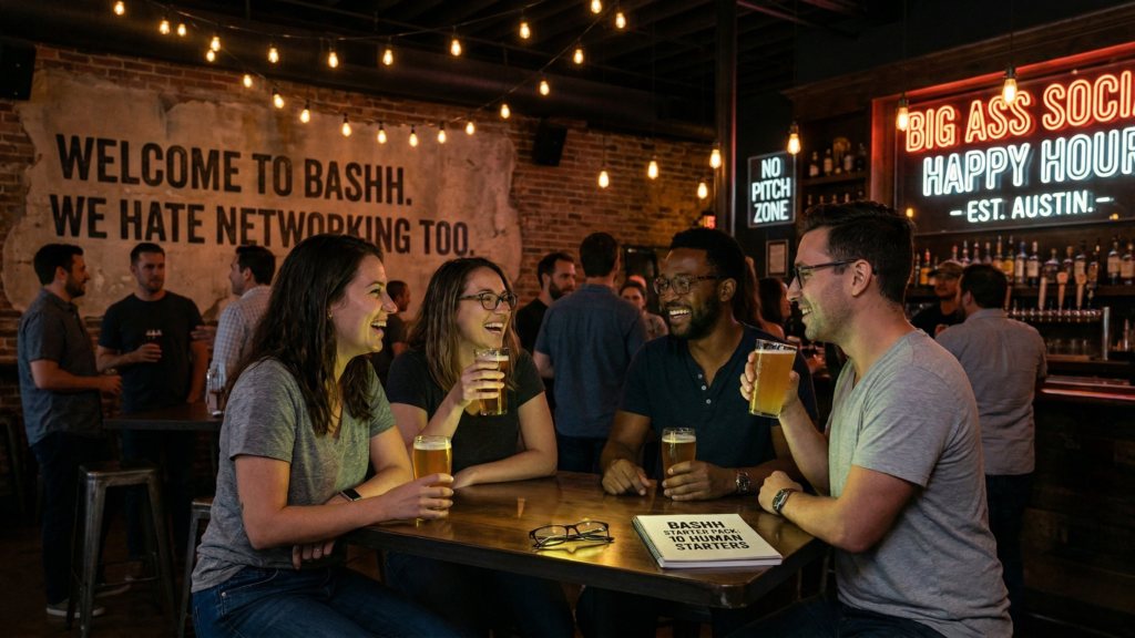 big ass social happy hour networking event in austin - AI generated art that is quite hilarious